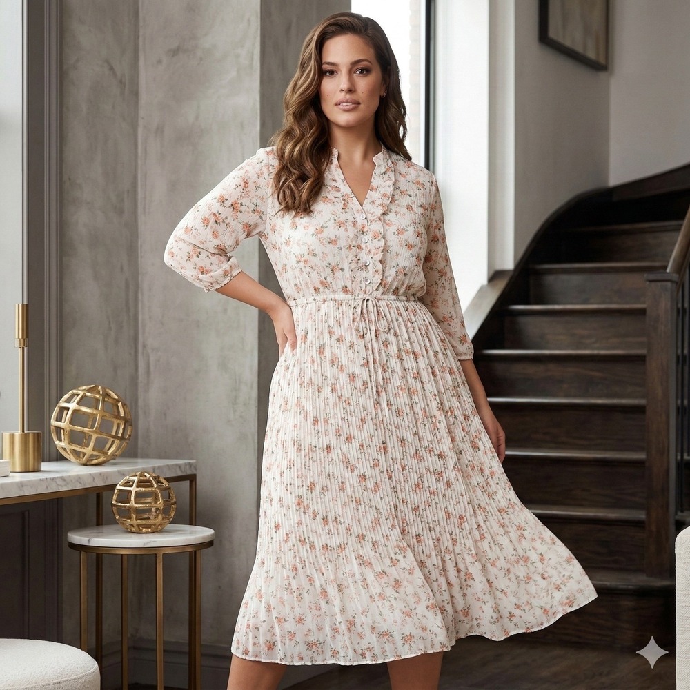 NWT Shineflow Floral Pleated Midi Dress S White Pink Cottagecore Peasant Boho